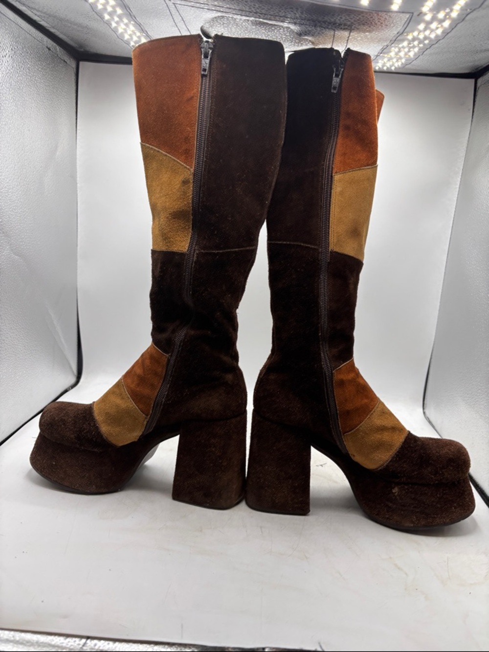 Vintage Brown Patchwork Suede Knee-High Platform Boots 7 37 - Picture 8 of 8